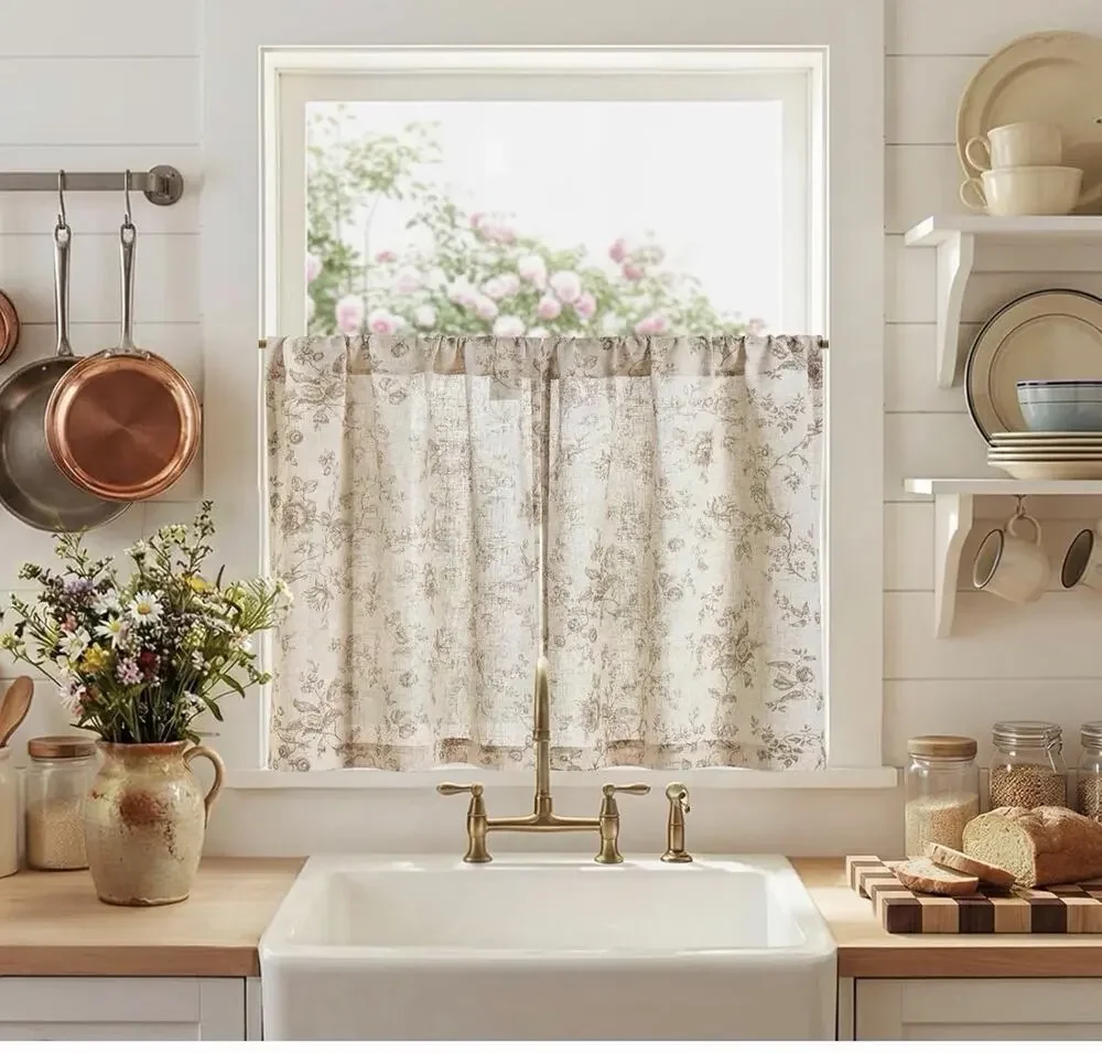 Amlie Floral Kitchen Curtains 30 Inch Length Linen Cafe Curtains Taupe 2 Panel